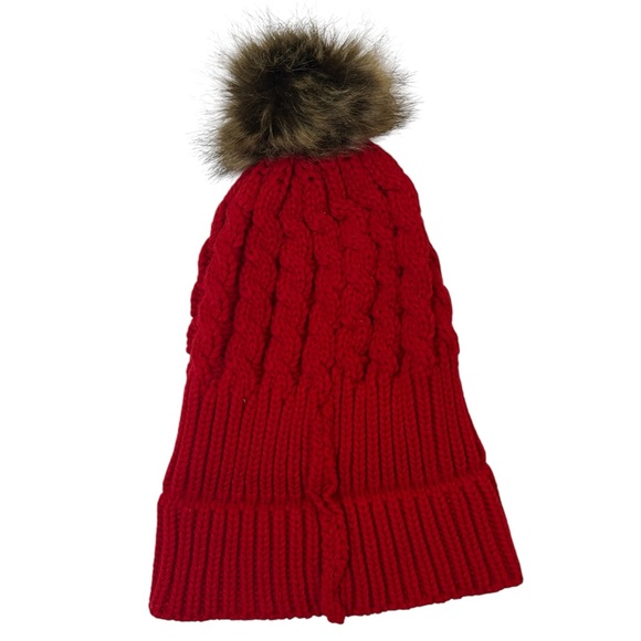 Red Cable Knit Beanie with Faux Fur Pom Soft Winter Hat Warm Chunky Knit Cap - Picture 3 of 6